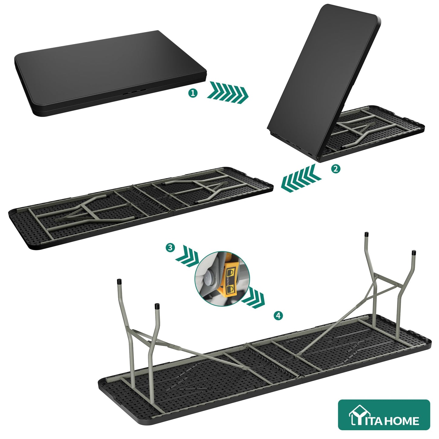 YITAHOME 8FT Folding Tables, Heavy Duty Folding Table with Carrying Handle, Plastic Fold up Table for Outdoor Camping Picnic Parties/Indoor Events, Black