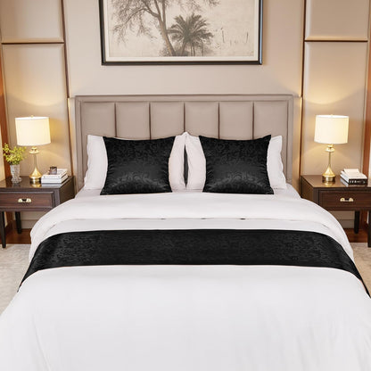 Cobedzy Black Satin Bed Runner for King Size Beds(1.8m), 50 x 240cm(20" x 94") Jacquard Bed Scarf Satin Bedding Scarves for Hotel, Home, Guesthouse