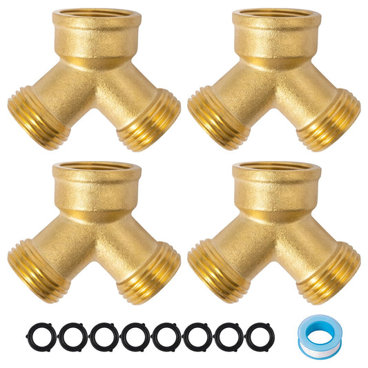 SUNGATOR 3/4 Inch GHT Y Valve, 2 Way Heavy Duty Brass Garden Hose Splitter, 3/4'' GHT Garden Hose Bib Splitters, Brass Y Valves with Extra 8 Rubber Washers, 1 Sealing Tape (4-Pack)