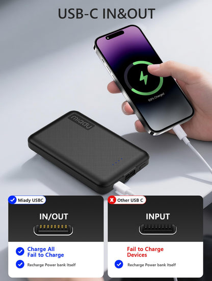 Miady 2-Pack 5000mAh Mini Portable Charger, 5V 2.4A USB-C Output Fast Charging Power Bank for Travel Small Battery Pack Compatible with iPhone 17/16/15 Galaxy S24/S22 iPad Android etc (White+Black)