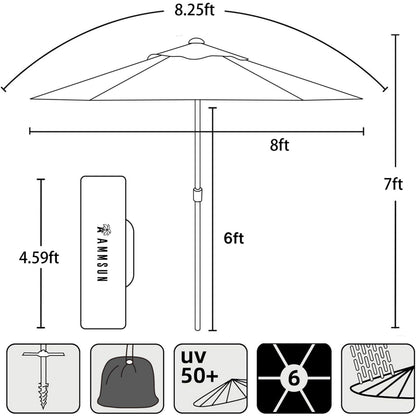 AMMSUN 8ft Large Beach Umbrellas for Sand Heavy Huty Wind Portable Commercial Grade Patio Beach Umbrella with Sand Anchor Adjustable Height Air Vent UPF 50+ Telescoping Pole without tilt Dark Blue