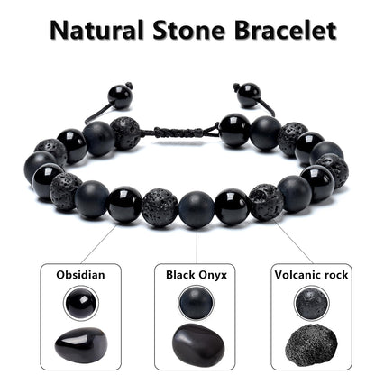 SAMXY Mens Bracelets Beads-8MM Black Onyx Obsidian Lava Stone Beads-3Pcs Handmade Natural Stone Crystal Healing Bracelet-Triple Protection Bracelet for Men Women Gifts