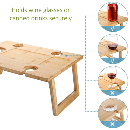 Peohud Portable Wine Picnic Table, Foldable Champagne Picnic Snack Table Tray, Wooden Outdoor Picnic Table with Glass Holder for Park, Beach, Camping, Bed, Wine Lover Gift