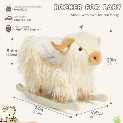 Baby Rocking Horse,Highlander Cattle Toddler Rocking Toy for 1+ Year Old Cute White Cow Stuffed Cow Rocker Toy Rocking Animal for Baby Boys and Girls Nursery/Child Christmas or Birthday Gift