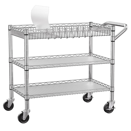 NTE Utility Cart with Wheels, 990lbs Capacity Metal 3 Tier Rolling Carts, NSF Kitchen Carts On Wheels with Storage, Heavy Duty Utility Cart with Handle & Wire Shelf for Indoor & Outdoor Use, Silver