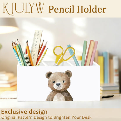 KJULYW Brown Bear Pen Holder for Desk, Bear Lover Gifts, Cute Forest Animal Wooden Box Pencil Pen Holder Organizer for Kids Room Home Office Desk Accessories
