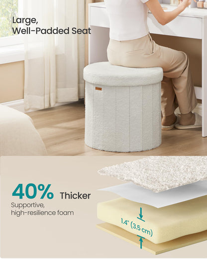 SONGMICS Mazie Collection - Round Storage Ottoman, Folding Footrest Stool with Removable Lid, Easy Assembly, Teddy Fleece Vanity Stool for Bedroom, Living Room, Entryway, Cream White ULSF606W01