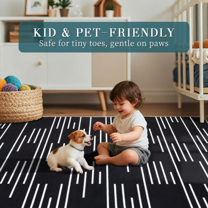 YIHOUSE Abstract Washable Rug 5x7,Ultra Thin Non Slip Black Rugs for Living Room,Modern Minimalist White Stripe Rugs for Bedroom,Dining Room Office Playroom (5'x7',Black-3)