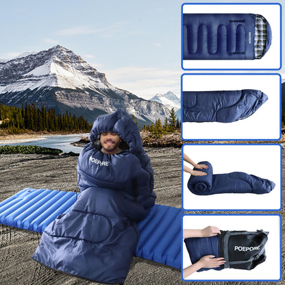 POEPORE Flannel Sleeping Bag Cotton 0 Degree Cold Weather for Adults XXL Wearable Sleeping Bag 4 Seasons Waterproof with Compression Sack Blue_R