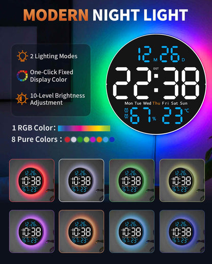 GLOKUUCA 10 Inch Large Digital Wall Clock with 9 Color Changing Remote Control, Date Week Temperature, Auto Brightness Dimmer Big Clock with Night Lights,Blue