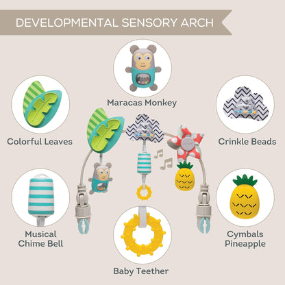 Taf Toys Tropical Arch Adjustable Infant Car Seat & Stroller Toy for Infant & Toddlers, Stroller Arch, Baby Crib Toys Clips on Prams/Car Seats/Bouncers Encourages Motor Skills & Sound Exploration