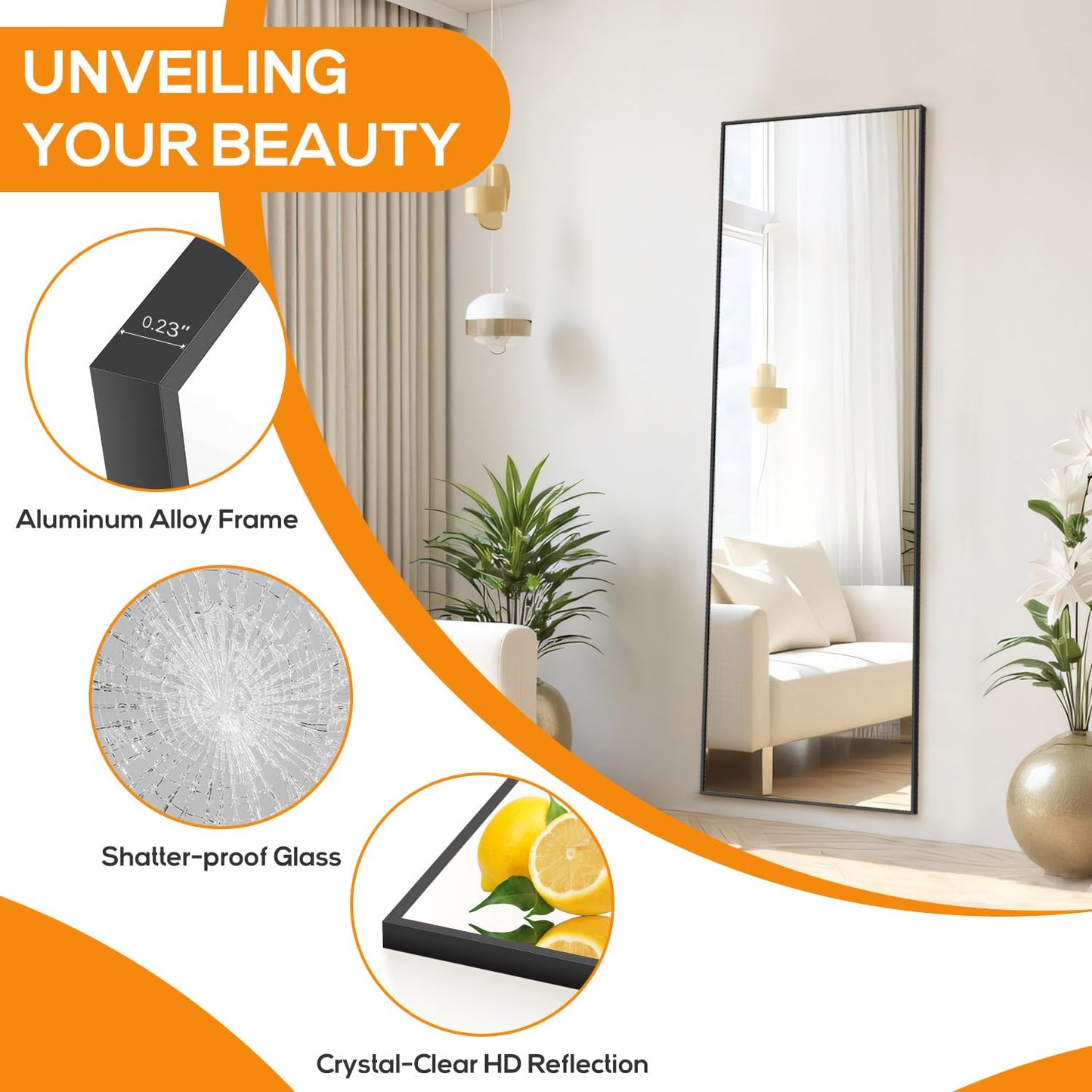 Aidoly Mirror Full Length, Upgraded 16"x59" Body Wall Mirrors with Shatter-Proof Glass, Floor Standing, Hanging or Leaning, Tall Mirror with Stand Aluminum Alloy Frame for Bedroom Cloakroom