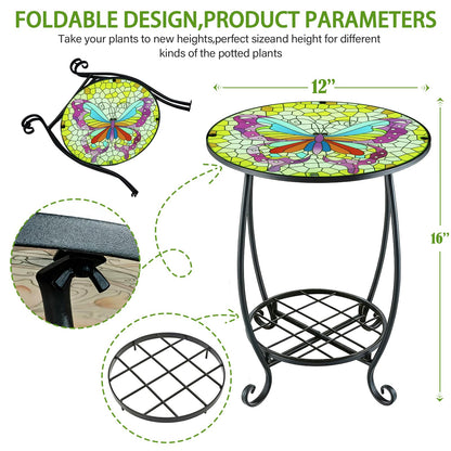 Arbuxzuy 12 Inch Small Outdoor Side Table with Colorful Butterfly, Glass Mosaic Patio Table Indoor, Round Plant Coffee Table for Living Room, Balcony, Garden（Butterfly Style）