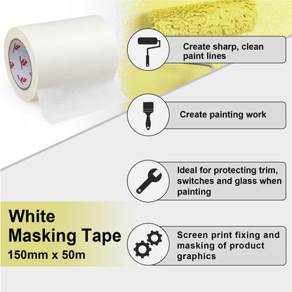 BOMEI PACK Wide Painters Tape 6 Inch, Crepe Paper General Purpose Wide White Masking Tape, 55 yds Length, Multi-Surface Adhesive Painting Tape, for Painting, DIY, Arts, Crafts, Labeling