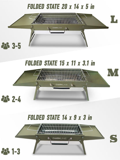Charmline 14 x 9 inches Portable Charcoal BBQ Grill, Foldable Compact Camping Barbecue for 1–3 People, Ideal for Garden, Beach, Picnic & Tabletop Use, Green