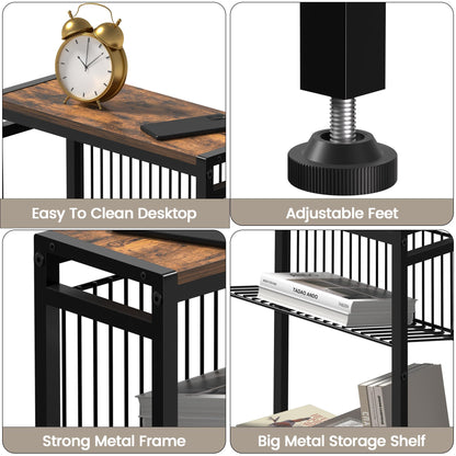 Homedawn Small Side Table for Small Space, 3-Tier Narrow End Table with Magazine Holder,Slim Nightstand, Skinny Snack Couch Table in Living Room, Bedroom Study and Balcony (Rustic Brown &Black)