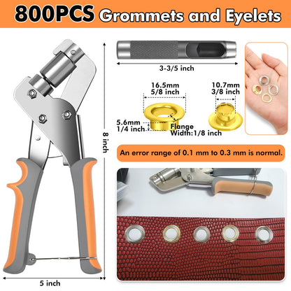 Grommet Tool Kit 3/8 Inch with 800 Pcs Eyelets Grommets and Storage Bag, Handheld Metal Grommet Kit Tarp Grommet Maker Kit Grommet Pliers Punch for Tarps Fabric Leather