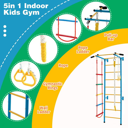 TONGMO Indoor Climbing Playground, Jungle Gym for Kids, Metal Swedish Ladder & Climbing Wall Playset, Sturdy Playground with Rope Ladder, Pull-up Bar, and Gymnastic Rings