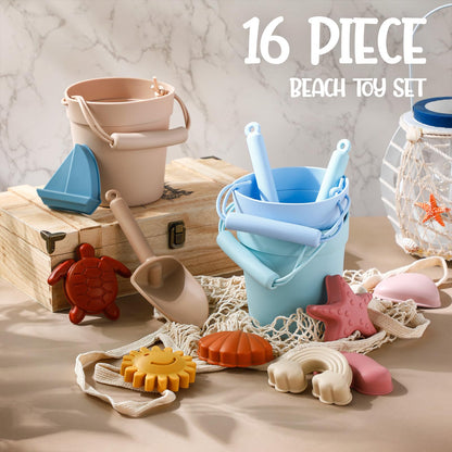 Hungdao 16 Pcs Silicone Beach Toys Travel Friendly Beach Set Colorful Toys Include 3 Silicone Bucket Pail, 3 Shovel, 9 Sand Molds, 1 Bag for Summer Pool Outdoor(Beige, Blue, Teal)