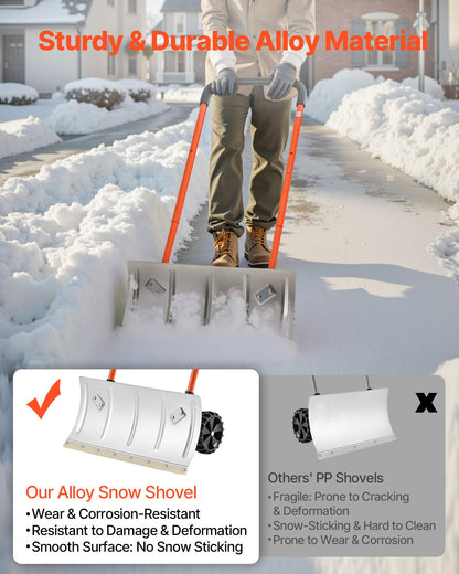 VEVOR 24 inch Snow Pusher Shovel with Wheels, Metal Heavy Duty Wheeled Push Snow Shovels for Driveway