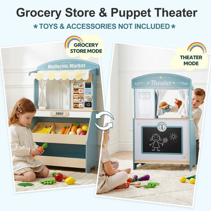 DREAM BUILDING Kids Grocery Store Pretend Play, Puppet Theater&Grocery Store Playset Toy Double-Sided, Toddler Supermarket Toy Cash Register w/Blackboard, Display Shelves, Gift for Boys Girls, Blue