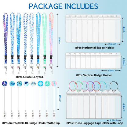 8 Pack Cruise Lanyards Set for Ship Cards, with Retractable Badge Reel Waterproof Luggage Tag Holders Id Card Holders, Sea-Themes Pattern for All Cruises Ticket Key Cards Luggage Tag