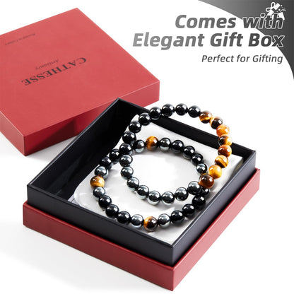 CATHESSE 2PCS Triple Protection Bracelet Set, Natural Tiger Eye Black Obsidian Hematite Beaded Stretch Bracelets for Men Women, Handmade Crystal Jewelry Gift for Stress Relief & Balance (Guardian Stack)