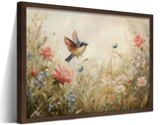 Vintage French Framed Wall Art, Wildflower Meadow Bird Canvas Prints for Living Room, Spring Floral Oil Painting in Wood Frame, Nature Botanical Picture for Bedroom Office 12x16 inch