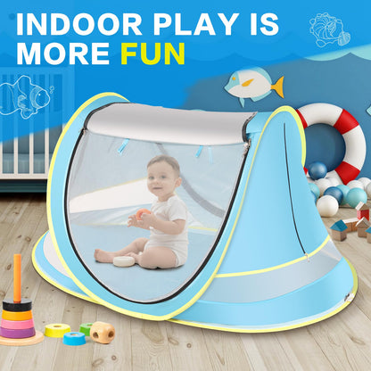 Baby Beach Tent, Pop Up Toddler Travel Tent for Boys or Girls, Sun Shade for Toddler Camping, Infant Portable Sun Shade, Summer Beach Baby (Blue Baby Tent)