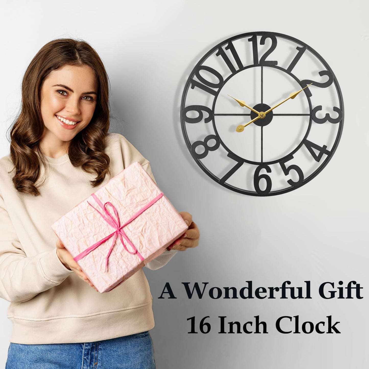 SUKYING Large Outdoor Clock, Silent Non-Ticking Battery Operated Outdoor Wall Clock, Black Modern Metal Wall Clock for Patio, Porch, Pool Area, Kitchen, Bedroom, Living Room, Farmhouse Decor - 16 Inch