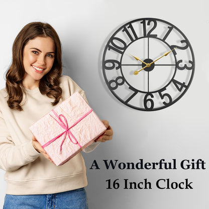 SUKYING Large Outdoor Clock, Silent Non-Ticking Battery Operated Outdoor Wall Clock, Black Modern Metal Wall Clock for Patio, Porch, Pool Area, Kitchen, Bedroom, Living Room, Farmhouse Decor - 16 Inch