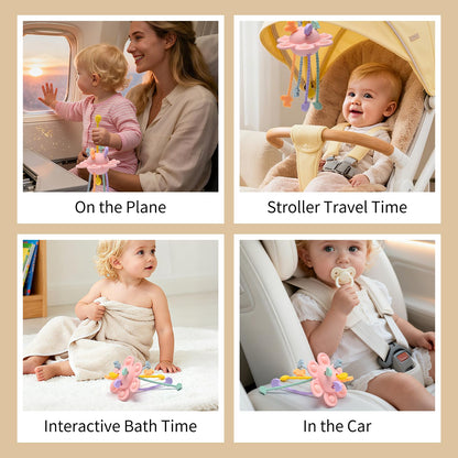 Little Rawr Silicone Baby Sensory Montessori Toys & Pull String Toys for 18 M+, Toddler Birthday Gift Car Seat Airplane Travel Toy for 1 2 Year Old Boy Girl Infant 18 Months Old (Pink)