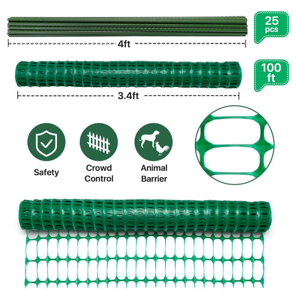 Temporary Fence Plastic Fence with Posts, Safety Barrier for Dogs Snow Mesh Fencing with Steel Stake Movable Portable Fencing Fence Roll 40In High 100Ft Long for Garden Backyard Outdoor