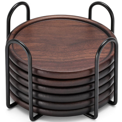 Wood Coasters with Metal Holder, GOH DODD Set of 6 Walnut Wooden Coaster Tabletop Protection for Drinks Coffee Table Home Kitchen Office Bar Living Room Decor Housewarming Gifts Wedding Party, 4 Inch