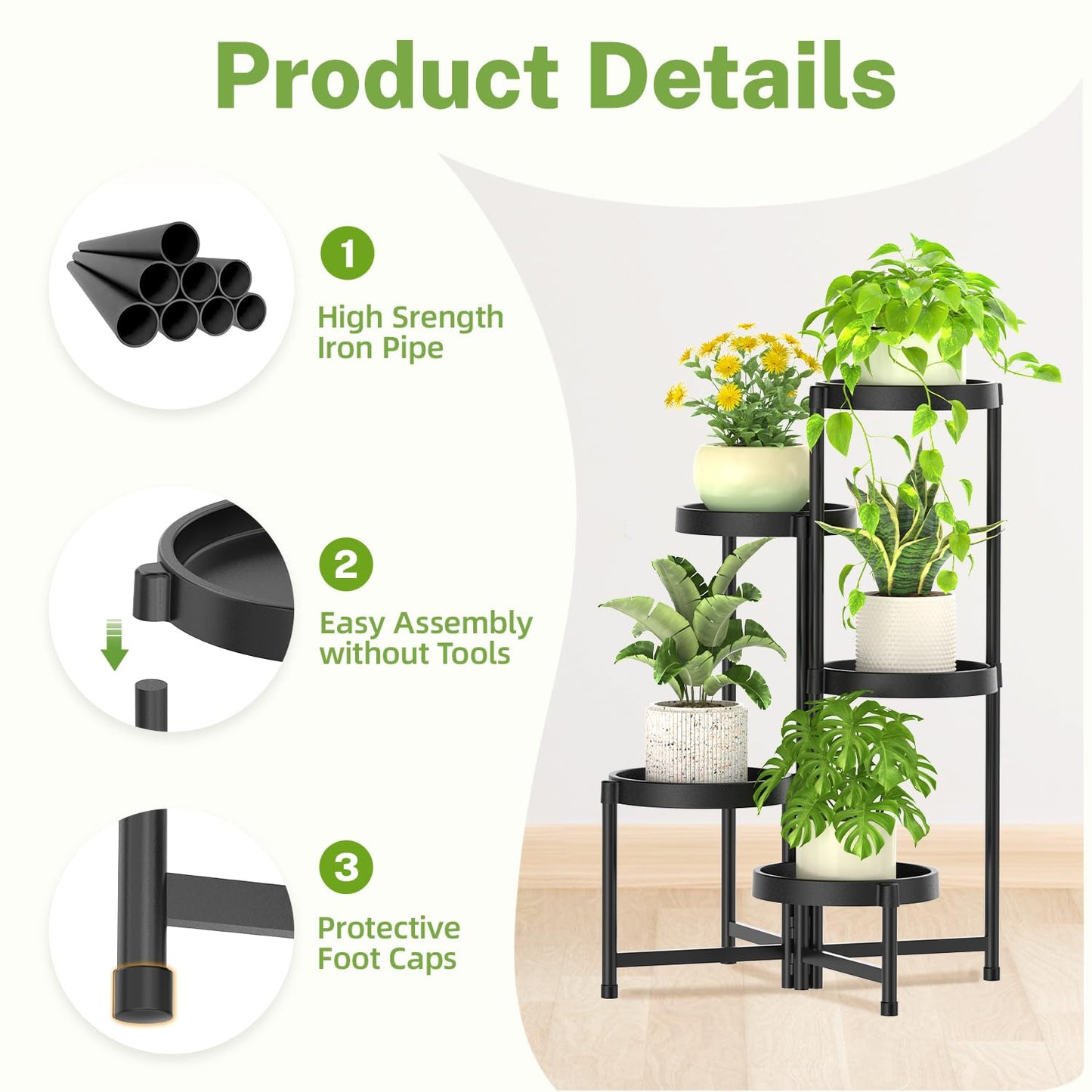 iDavosic.ly 5 Tier Folding Plant Stand Indoor Outdoor with Plastic Tray, Tiered Corner Flower Holder Shelf, Metal Orchid Display Rack for Patio Porch Living Room Garden Balcony, Modern Black