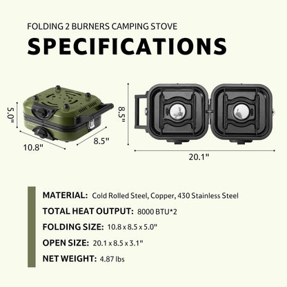Naturehike 2 Burner Folding Camping Stove, Portable Propane Gas Stove with Carry Bag, 16000 BTU High-Performance Camp Stove with ETL Certification, Adjustable Burners & Piezo Ignition