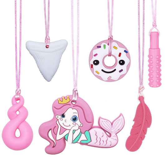 Chew Necklaces for Sensory Kids Adults, 6 Pack Silicone Sensory Chew Toys for Autistic Children with ADHD/SPD/Autism/Anxiety, Pink Chewy Necklace Stim Toy for Teething Chewing Biting Fidgeting