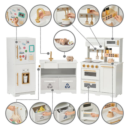 Teamson Kids Little Chef Atlanta Modular Wooden Play Kitchen, 3-Piece Set with Realistic Features & 17 Accessories, White/Gold, Interactive Toy for Toddlers & Kids, Cocina de Juguete