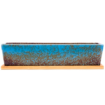 ARTKETTY Succulent Pots - Large Succulent Planter Pots with Drainage, 12 Inch Long Rectangle Bonsai Pot with Bamboo Tray Shallow Ceramic Cactus Flower Planter Window Box for Home Garden Decor (Blue)