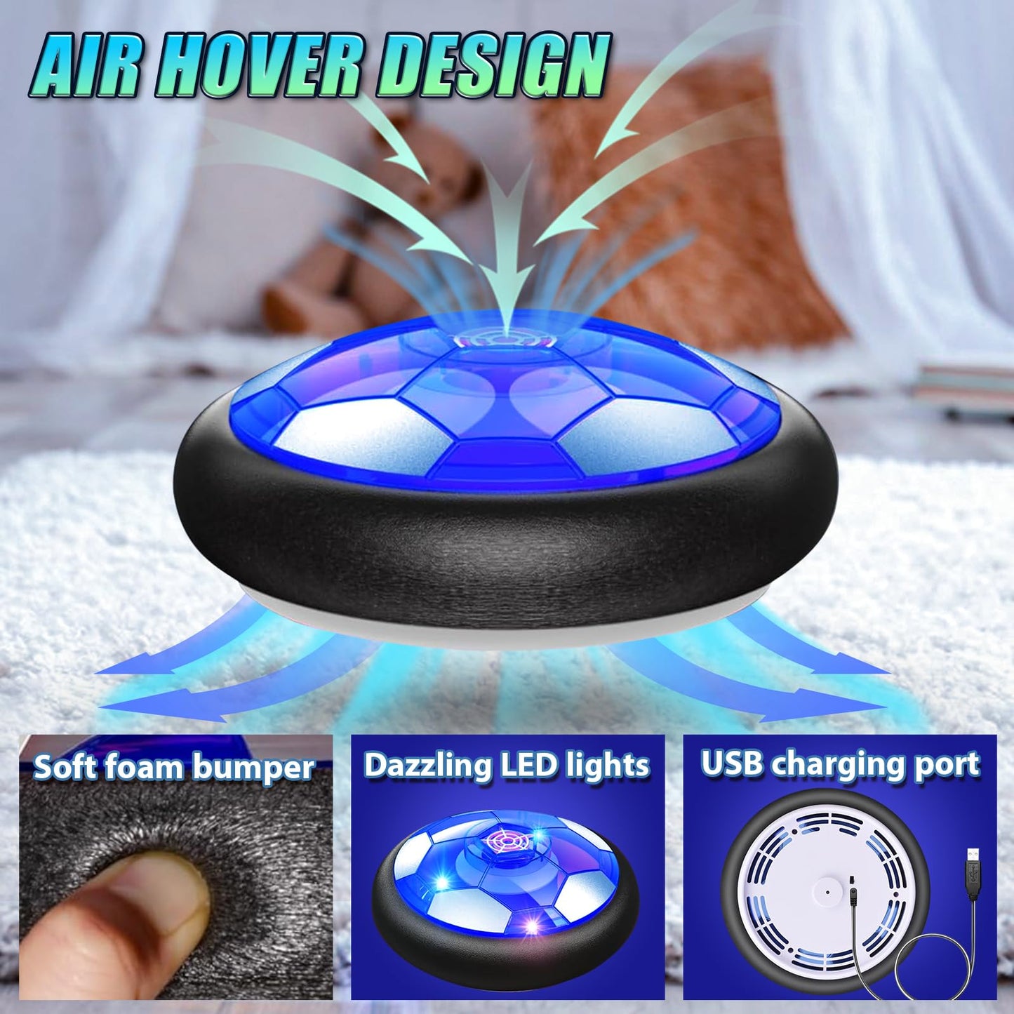 Hover Soccer Ball Set with 2 Goals - Rechargeable LED Air Power Football, Indoor/Outdoor Floating Hover Ball Toy, USB Charging Soccer Gifts for Boys & Girls Ages 3-12, Birthday/Holiday Presents