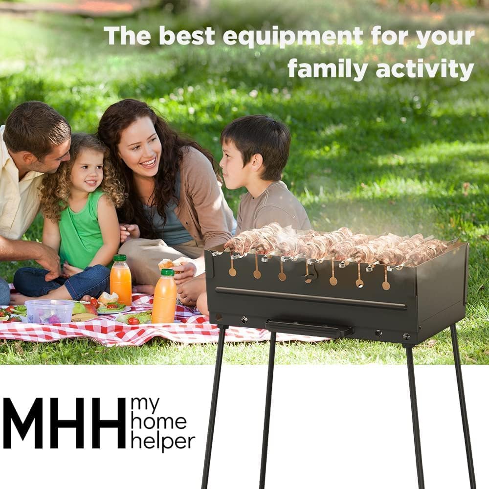 MHH Charcoal Grill for 8 Skewers - Portable Barbecue 16.9""×11.8""×16.9"" Kabob Camp Grills - Foldable Metal Mangal - Kebab Shish - BBQ for EDC Picnic Outdoor Cooking (Skewers Not Included)
