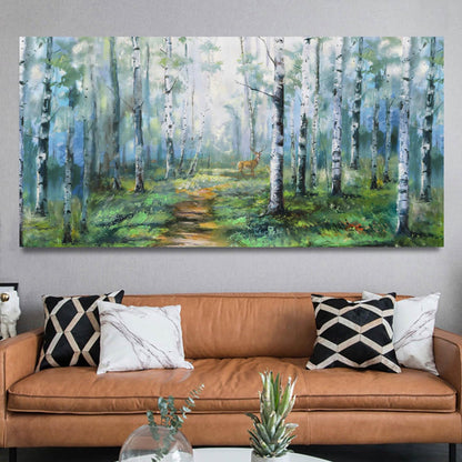 Enartly Birch Tree Wall Art for Living Room, Large Wall Decor Canvas Painting Green Forest Nature Picture Scenery Artwork Textured Framed for Bedroom Hallway Home Office Decoration 48"x24"