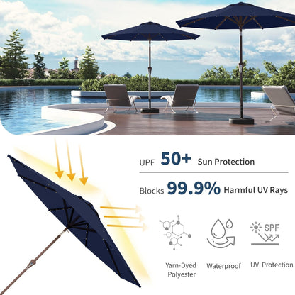 Patio Kingdom 9FT Solar Umbrella 32 LED Lighted Patio Umbrella Table Market Umbrella w/Tilt and Crank, UV-Resistant Outdoor Umbrella for Pool, Garden, Deck, Navy Blue