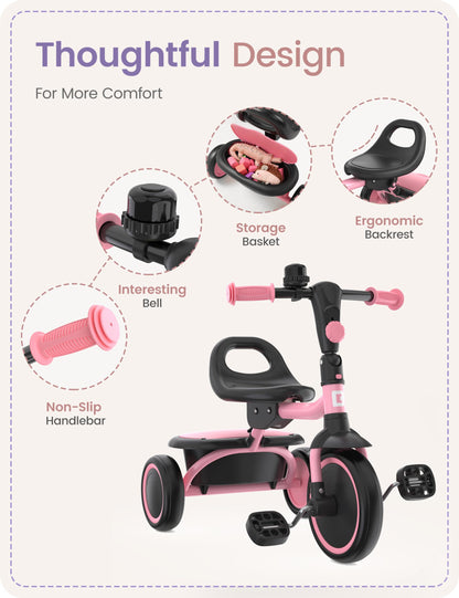 besrey Toddler Tricycle with Bell, Kids Tricycle Age 18 Months to 5 Years, Kids Trike, Toddler Bike for 2-4 Year Olds, Baby Bike, Gifts & Toys for Boys & Girls, Pink