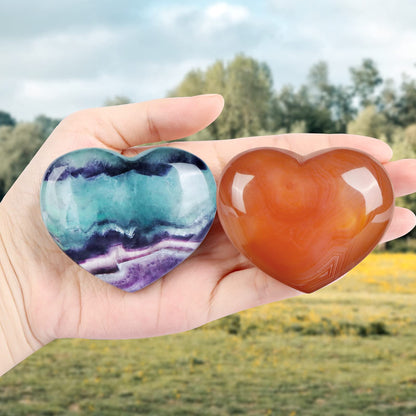 SMQ 2.4 Inch Rainbow Fluorite Crystal Heart Shaped Worry Stone for Anxiety Hand Carved Polished Gemstone Love Pocket Palm Chakra Stones Gifts for Balancing Reiki Healing