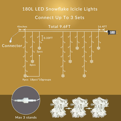 FESTIA Snowflake Curtain Icicle Christmas Lights -180 LED Warm White (≈3000K), 26.4ft Icicle Mini Lights, IP44 Waterproof,8 Modes Memory Function, Connectable Outdoor & Indoor Christmas Decorations