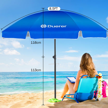 Duerer Beach Umbrellas, 8.5FT Beach Umbrella for Sand with Anchor Heavy Duty Windproof, Height Adjustable Tilt Iron Pole, Portable Beach Umbrella with Carrying Bag for Beach, Patio Garden Outdoor