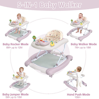 5 in 1 Foldable Baby Walker,Activity Baby Walker-Baby Bouncer,Rocker,Activity Center,Seat and Push Walker,Detachable Footrest Mat,Adjustable Speed Rear Wheels and Height,Ages 6-18 Months (Purple)