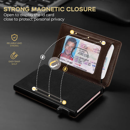 RUNBOX Slim Card Wallet for Men with ID Window – Minimalist RFID Wallet, Pop-Up Function, Ultra Thin Design, Metal Business Card Case Holds 8+ Cards, Gifts for Men, Men's Accessories