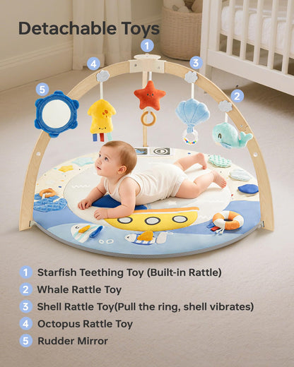 BG-BABYGO Baby Play Gym Activity Mat, 5 Developmental Zones Wooden Tummy Time Mat with 7 Detachable Sensory Toys for Motor Skills & Sensory Development, Baby Essentials Shower Gift, Easy to Install
